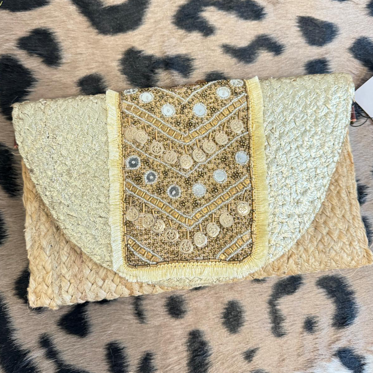 Handtasche Gold Silber Naturprodukt Stroh Umhängetasche