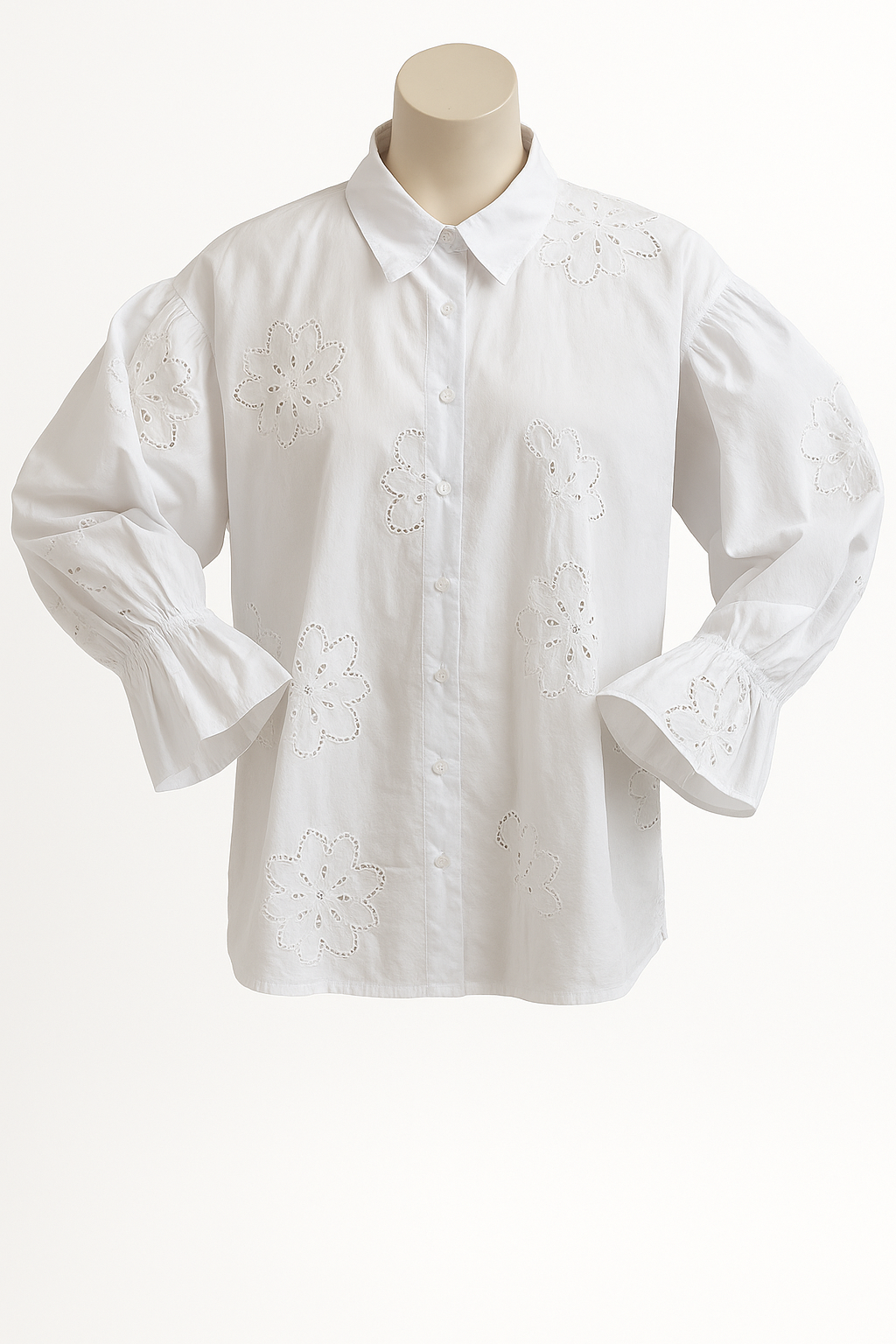 Weiße Oversize-Baumwollbluse mit Lochstickerei & Ballonärmeln – Größe 38–46