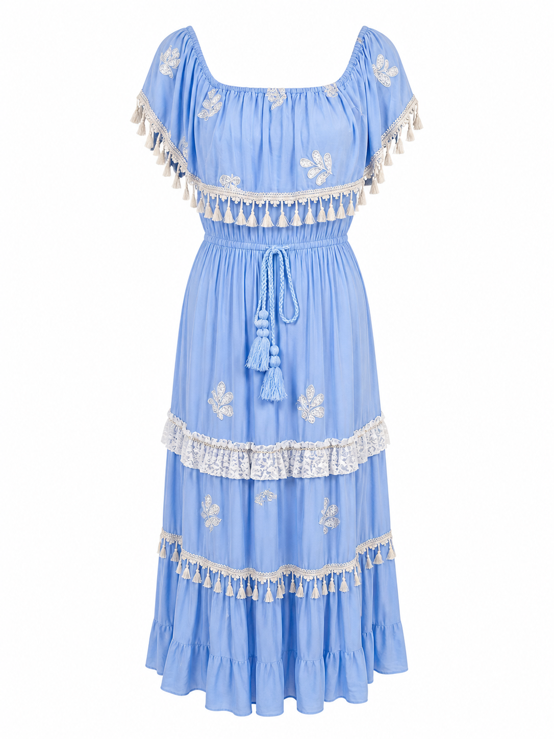 Schulterfreies Boho Maxikleid Damen (38–42) – Himmblaues Sommerkleid aus Viskose