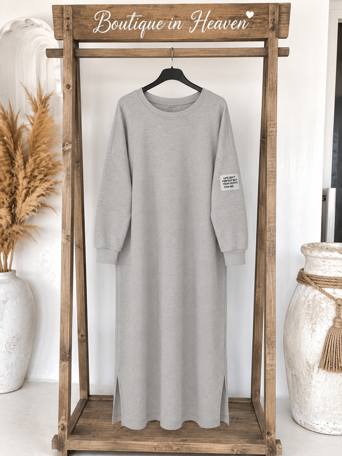 Women's Boho Casual Dress – Grey Sweatshirt Midi Dress (US 10-18)