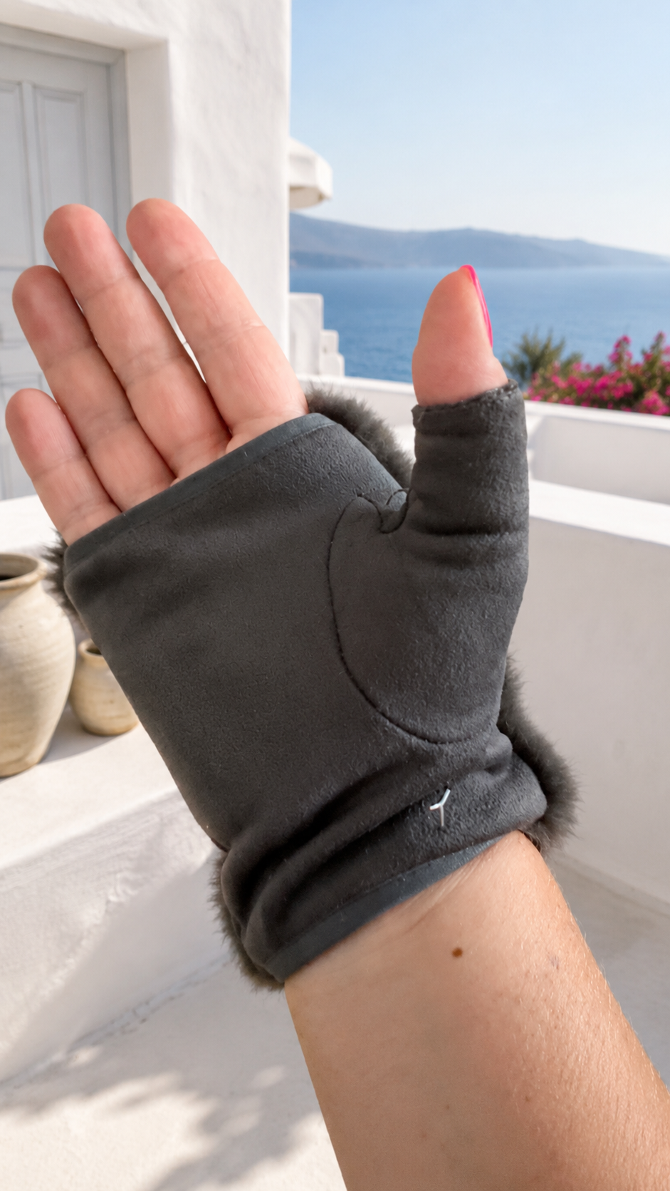 Fingerlose Damen Handschuhe Anthrazit mit Fellbesatz | Warme Handstulpen