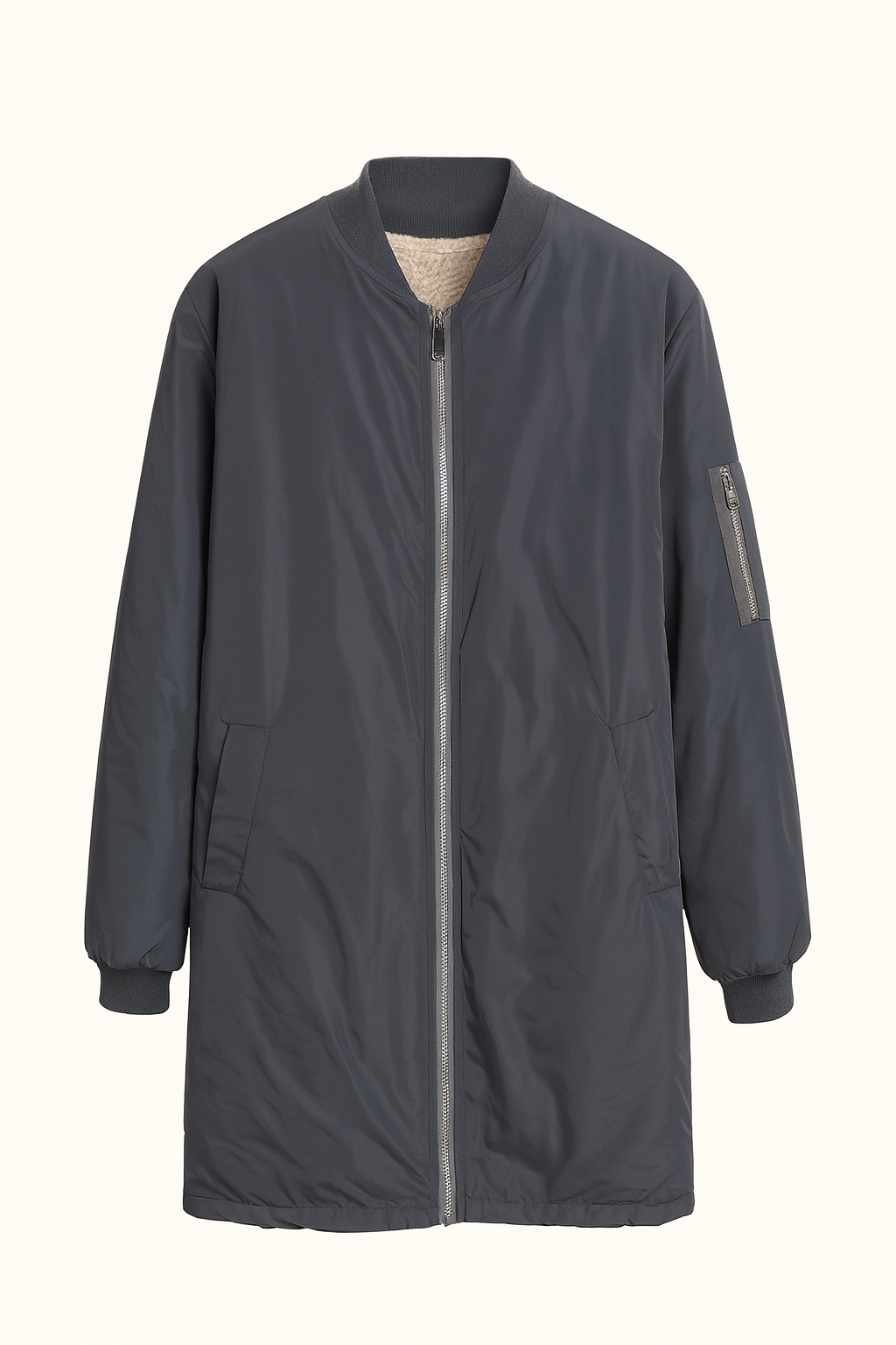 Lange Bomberjacke mit Teddyfutter – Anthrazit