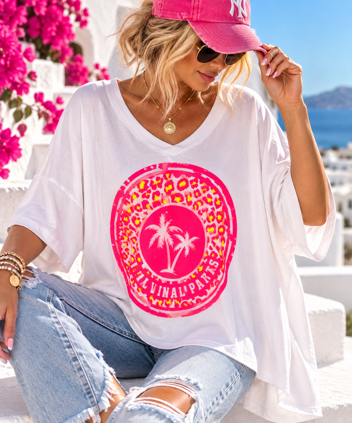 Damen Oversize T-Shirt Baumwollmix mit Neonprint – vorne kurz, hinten lang – Pink, Schwarz, Weiß – ideal 42–44