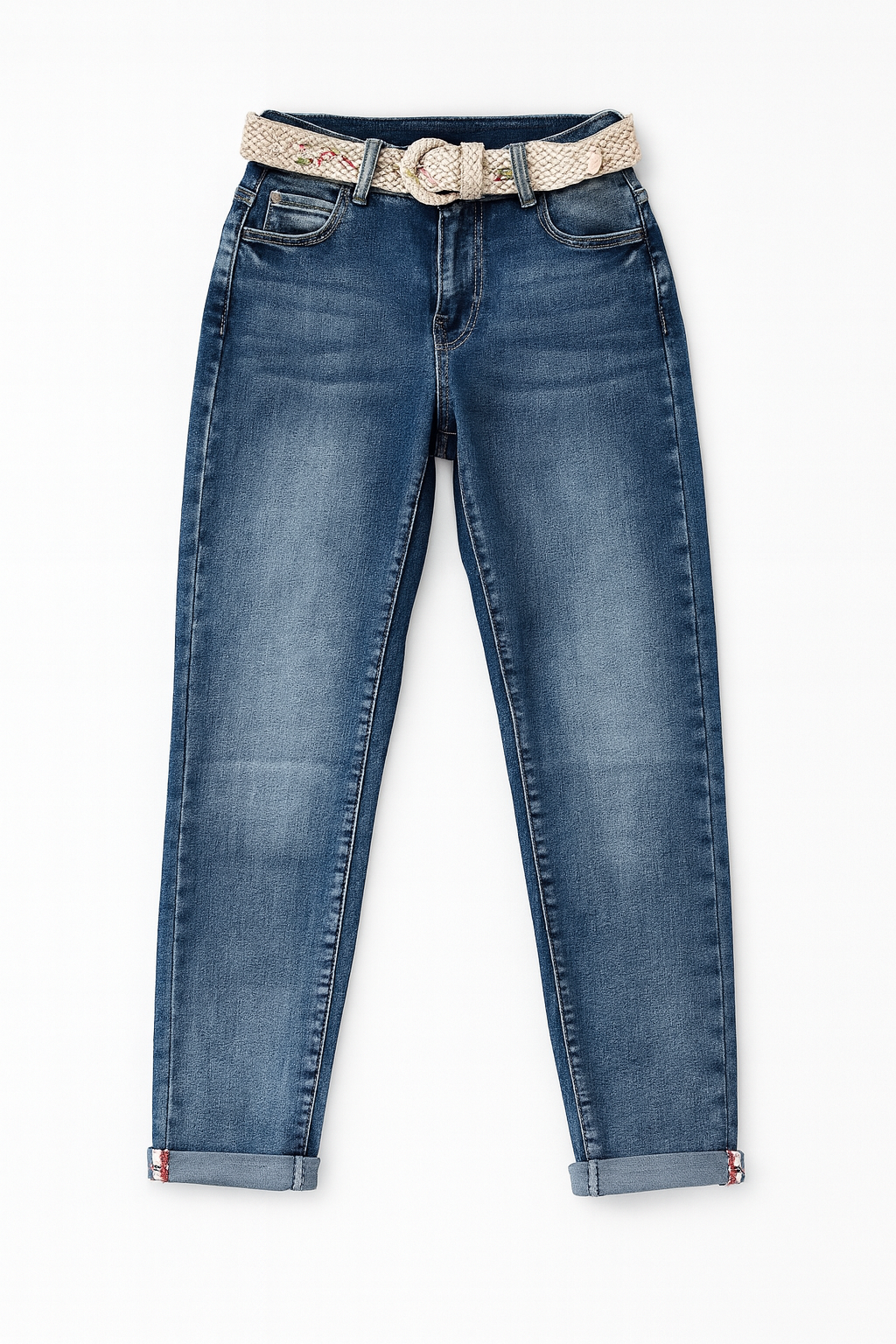 Jeans Damen Blau Stretch mit Flechtgürtel | Krempelsaum mit Schmuckstein | Baumwolle | verschiedene Größen
