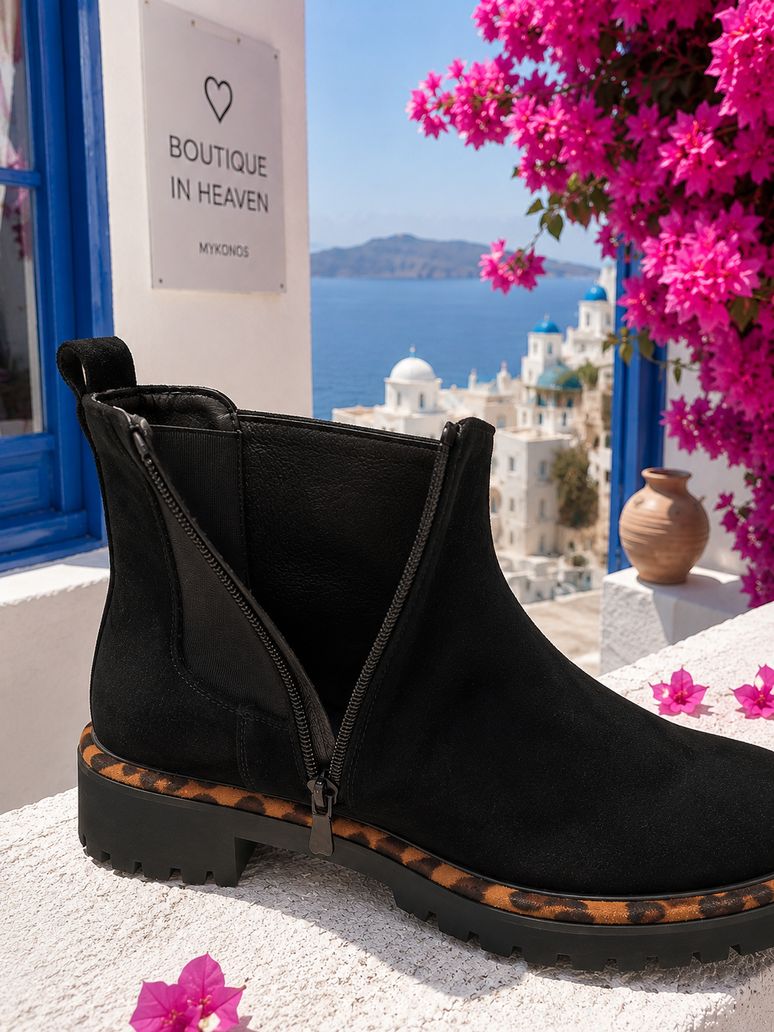 Schwarze Chelsea Boots in Wildlederoptik mit Leo-Detail