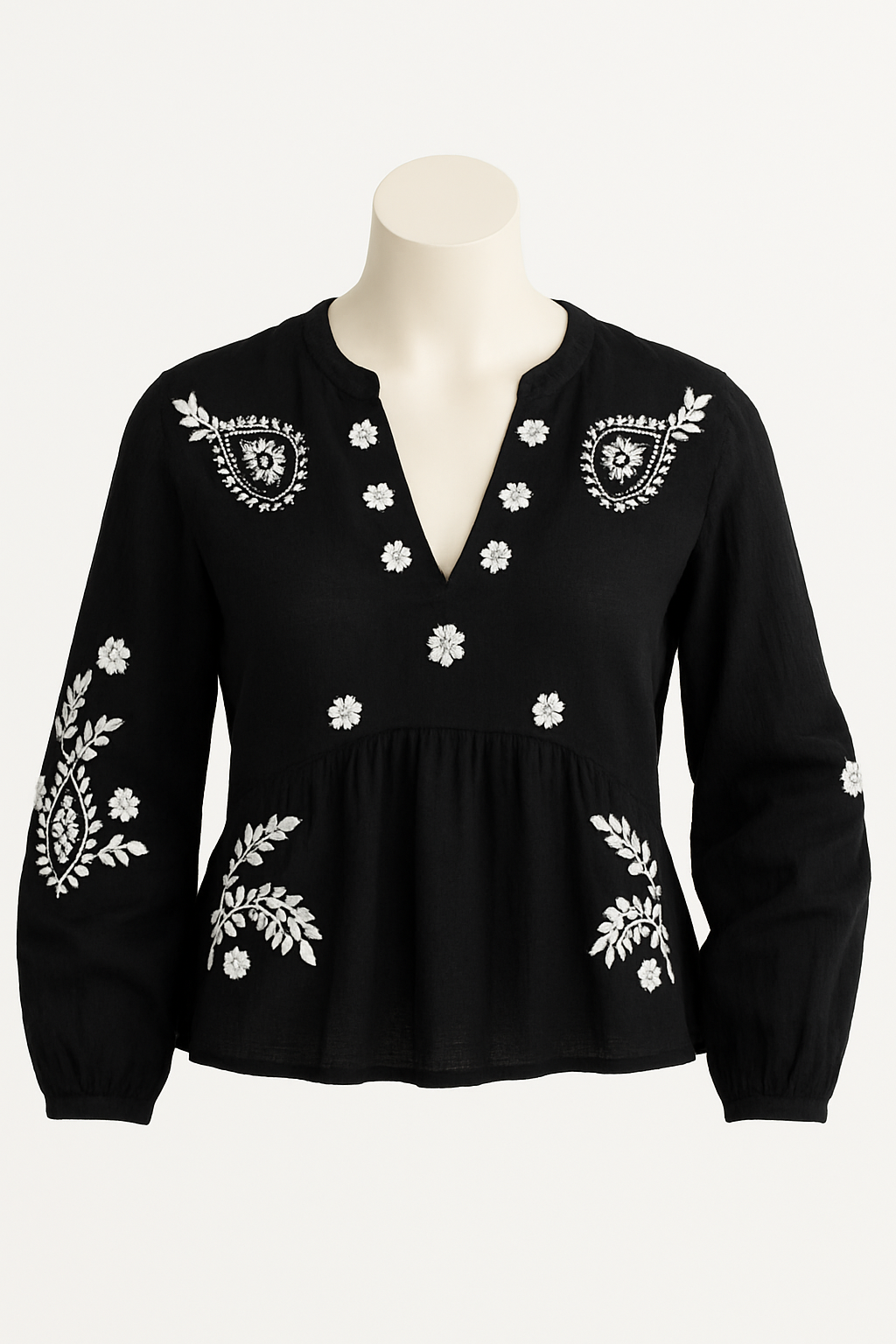 Schwarze Tunika-Bluse mit floraler Stickerei – Lockerer Sitz