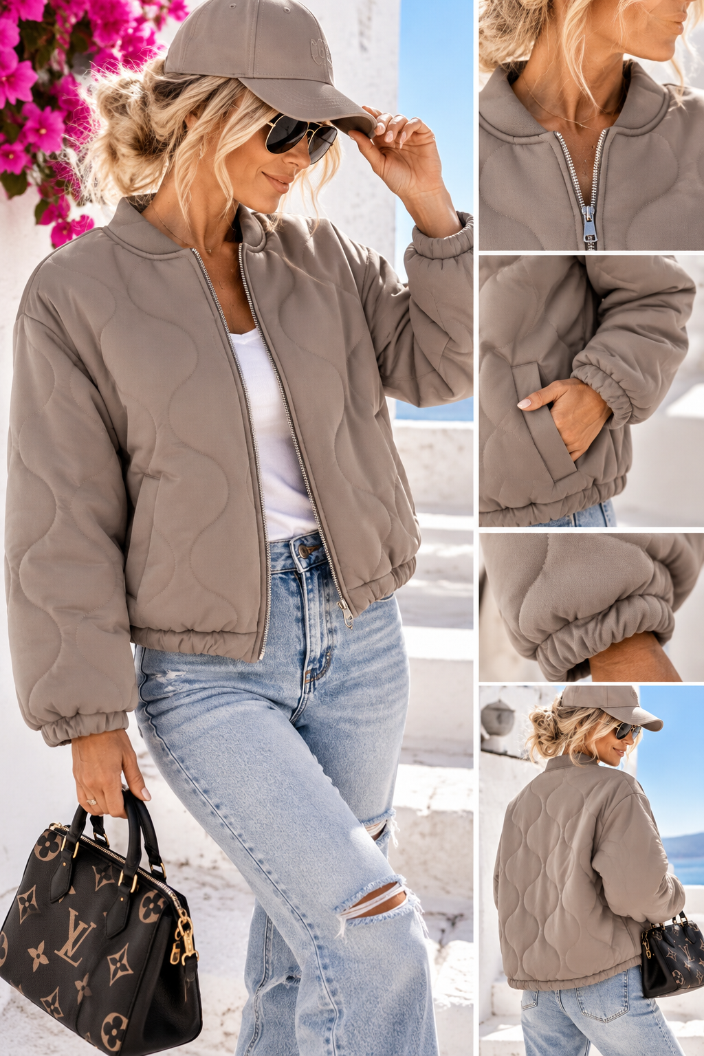 Damen Steppjacke Taupe-Beige – leichte Bomberjacke aus Viskose, Größe 36–40