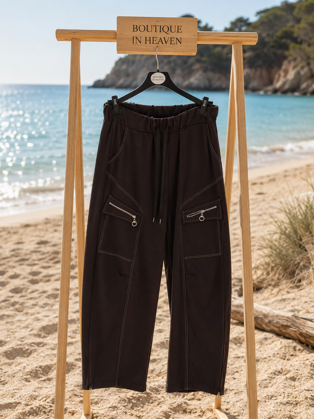 🤎 Cargo Chic Hose „Espresso Glam“ – Damen Schlupfhose mit Zipper-Details | 38–44