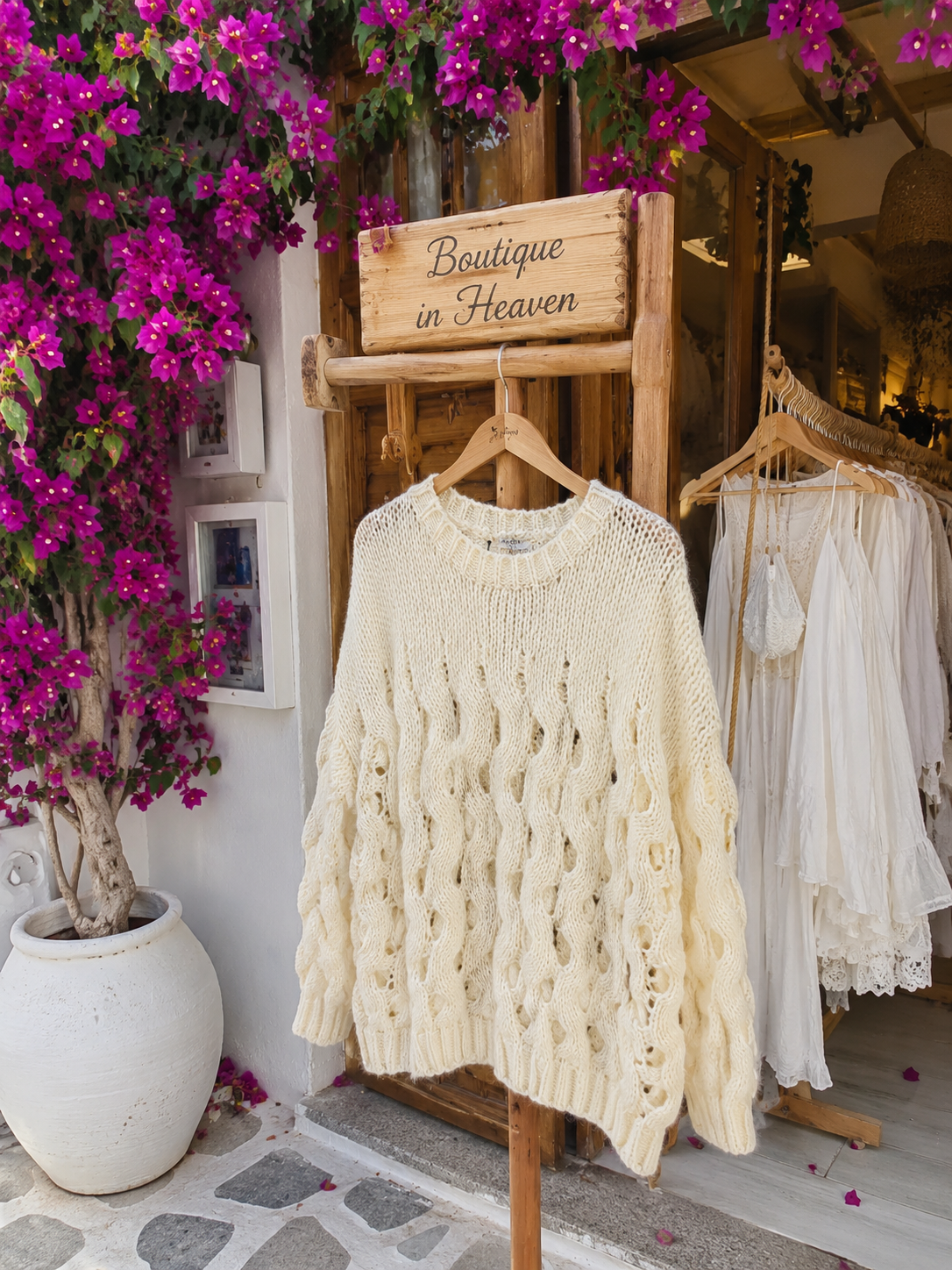 Boho Strickpullover grobmaschig in Creme – Oversize Damenpullover | 38–44