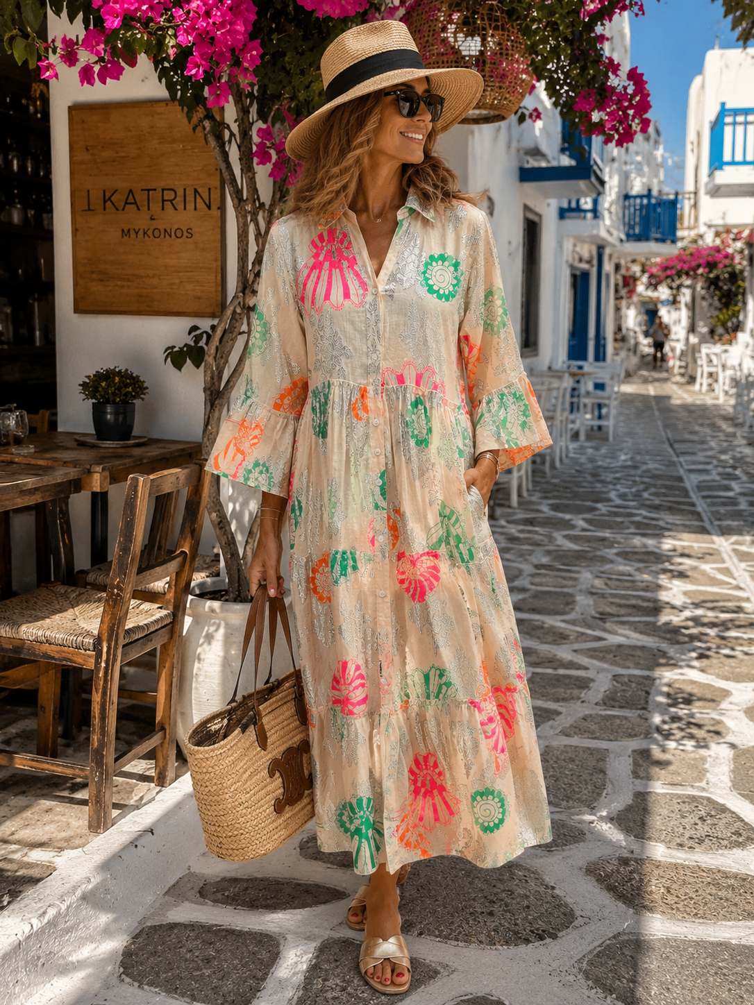 Women's Boho Dress Beige – Cotton Dress with Collar & Button Placket | Summer Dress 38–42