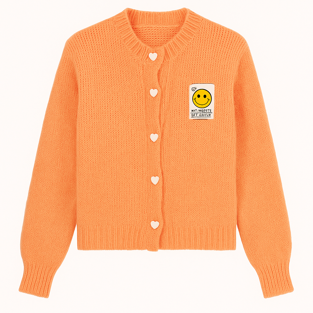 Flauschige Strickjacke in Apricot – mit Herzknöpfen & Smiley-Patch