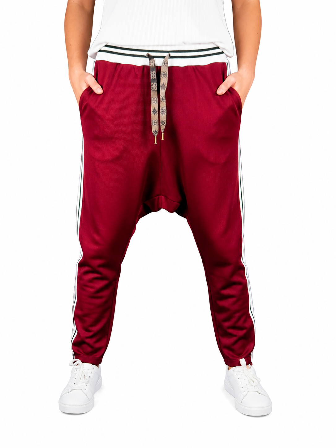 Baggy-Hose Bordeaux mit Seitenstreifen – Oversize Komforthose aus Viskose | 40–44 tragbar