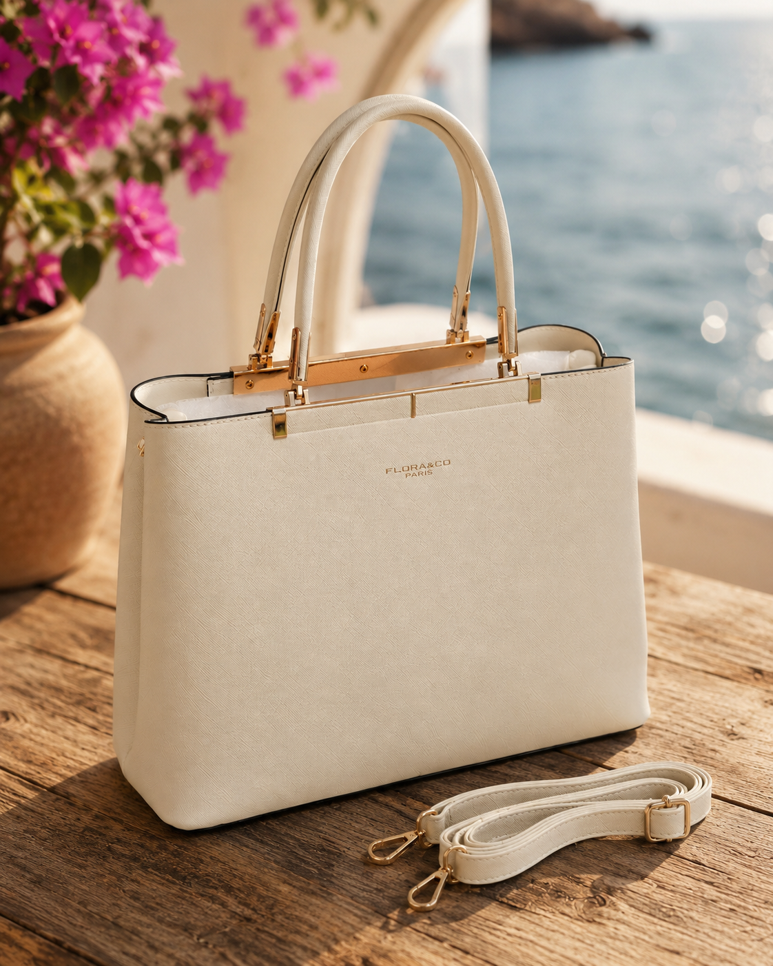 Flora & Co Damen Handtasche Weiß – Elegante Schultertasche mit Henkel, Reißverschluss & Umhängeriemen