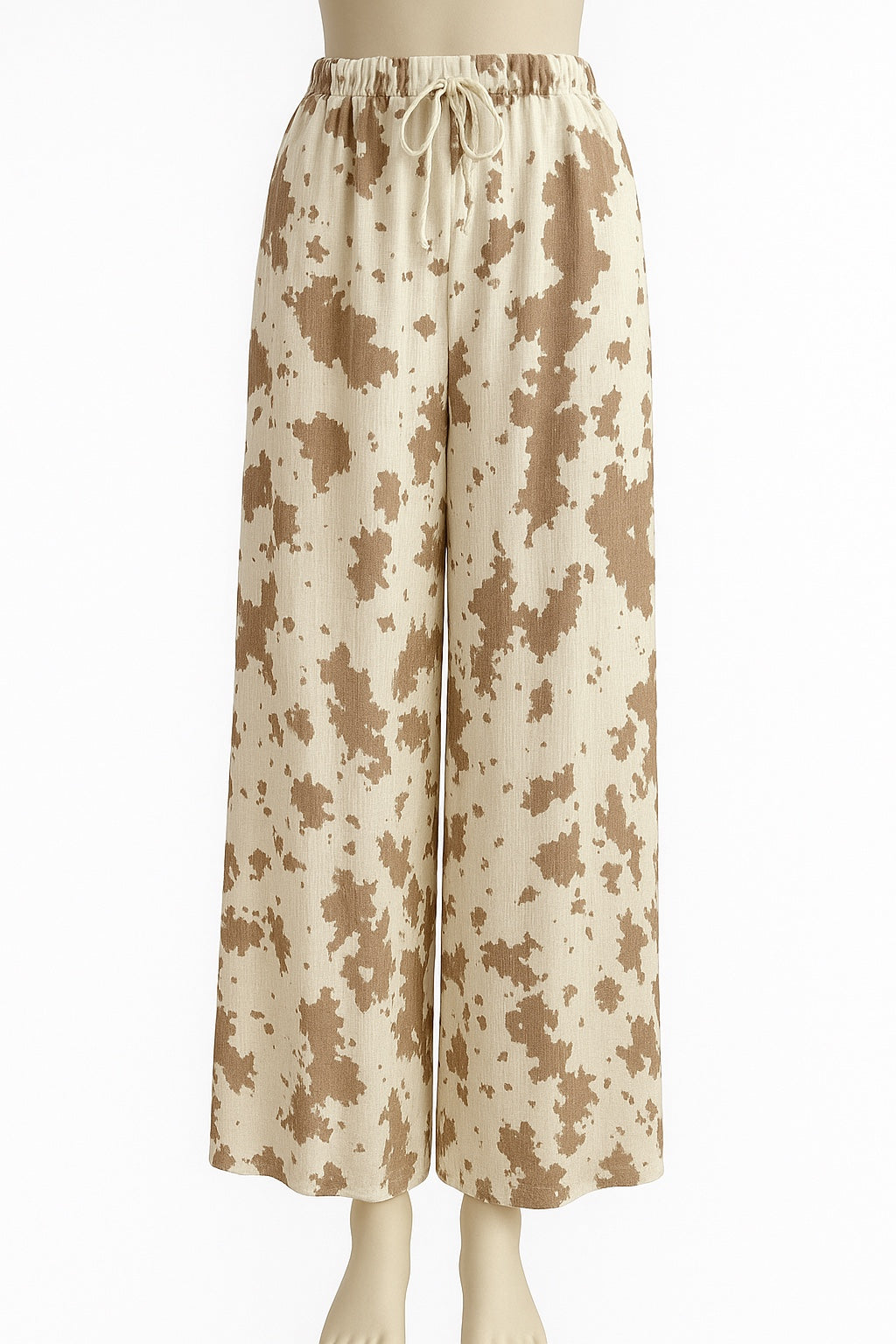 Damesbroek met wijde pijpen en print in beige – zacht en soepel vallend