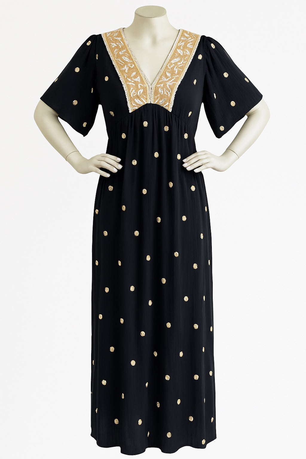 Elegantes Viskosekleid Maxikleid in Schwarz mit Goldstickerei