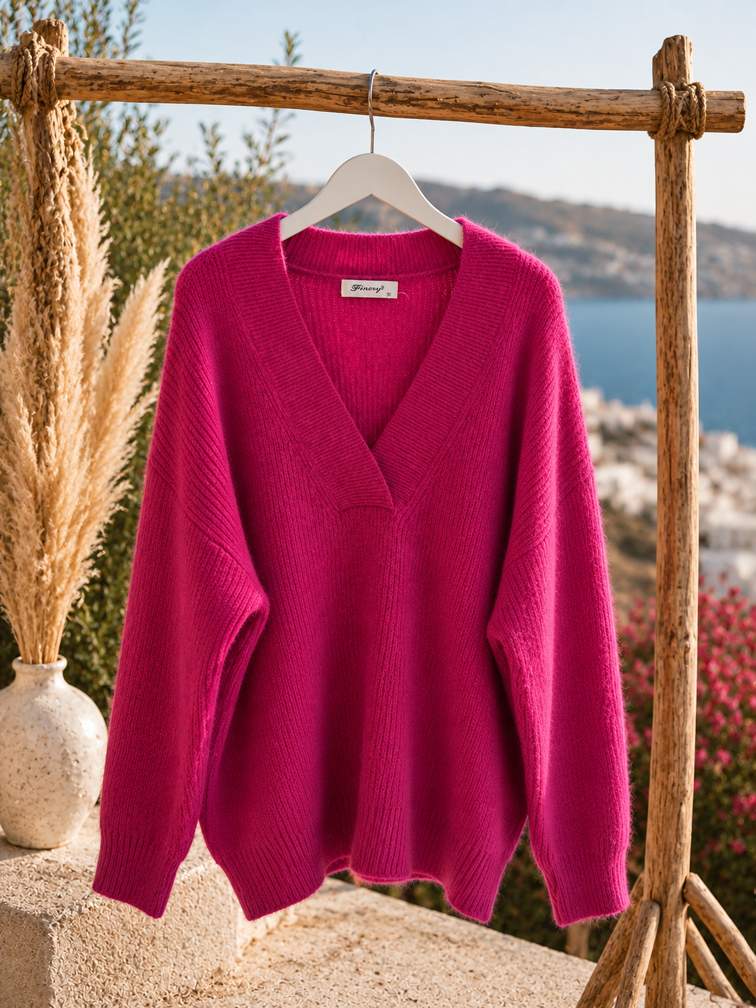 💖 Fuchsia Luxury Knit – Kuschelpullover mit V-Ausschnitt (38-42)
