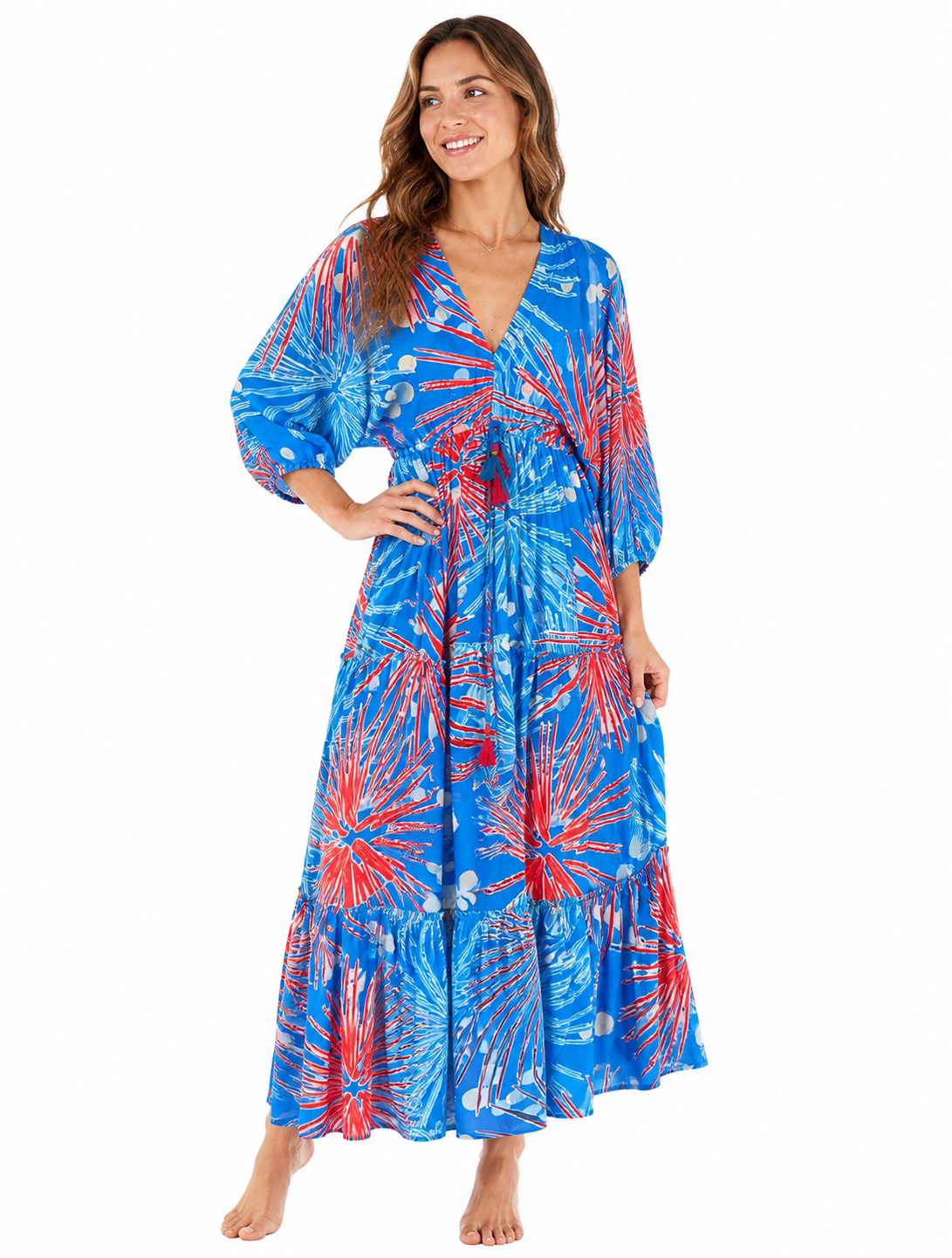 Seiden Maxikleid Damen Blau-Rot – Boho Sommerkleid mit V-Ausschnitt & Schnürung (38–42)