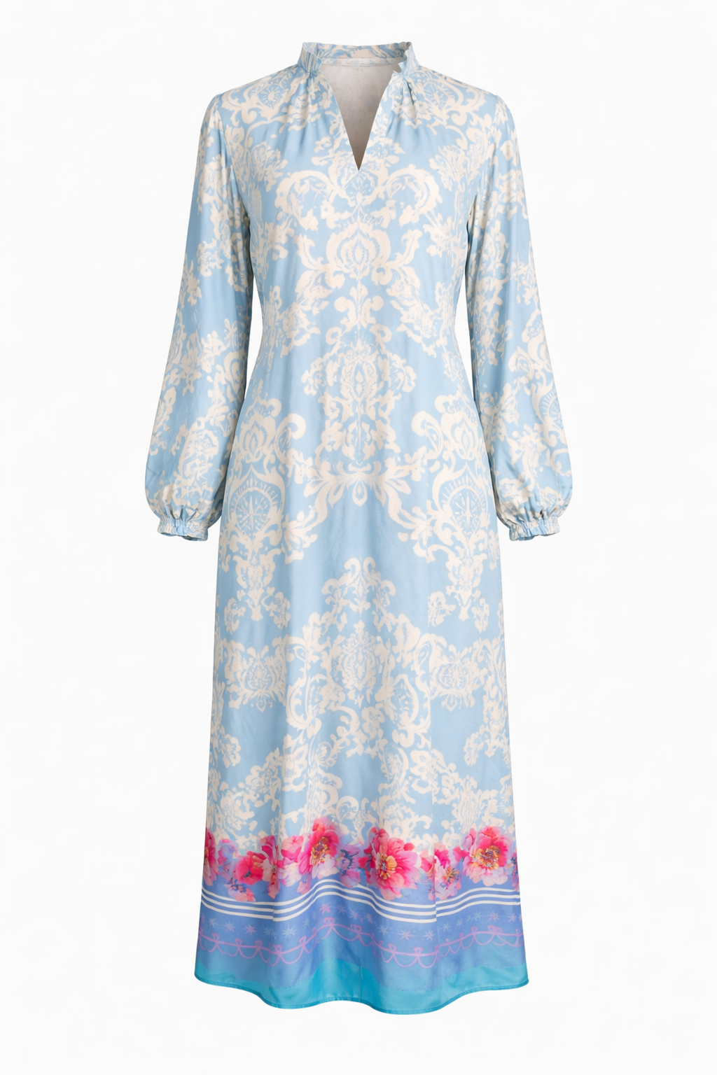 Yippie Hippie Damen Maxikleid Blau Creme – Sommerkleid mit Blumenprint