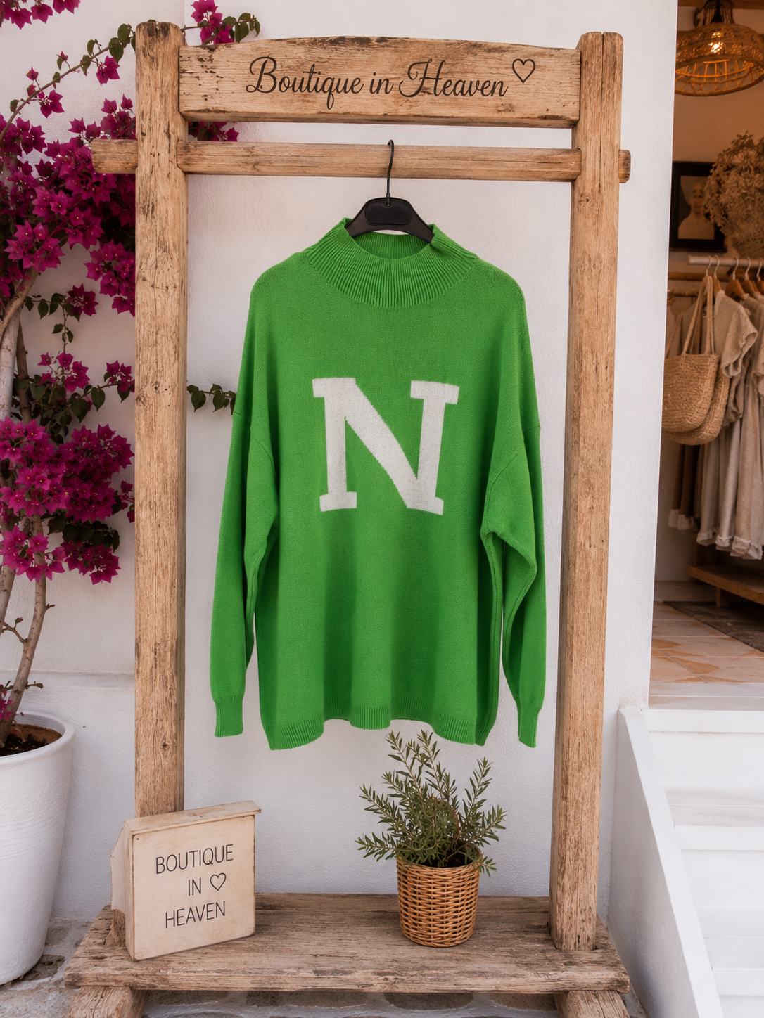 Women's Oversize Knit Sweater Green with "N" Print – Long Sleeve Pullover (wearable for sizes 38–46)