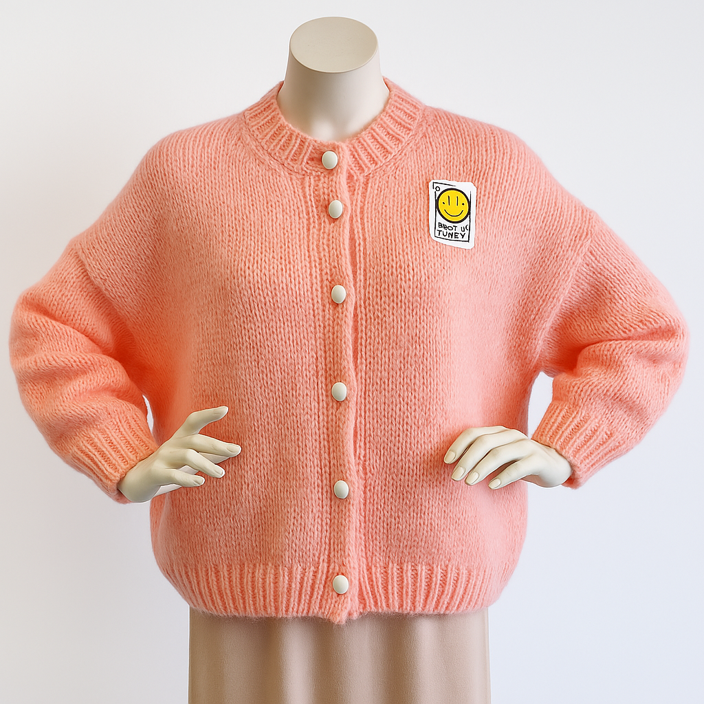 Flauschige Strickjacke in Apricot – mit Herzknöpfen & Smiley-Patch