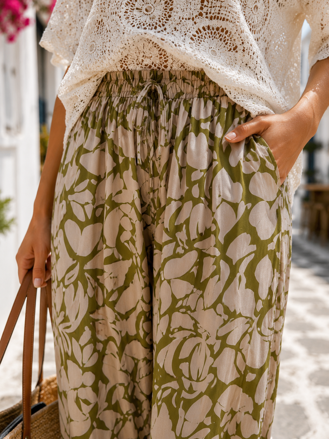 JC Sophie Palazzo Hose Grün Beige – Viskose Hose mit Taschen | Sommerhose 38–42