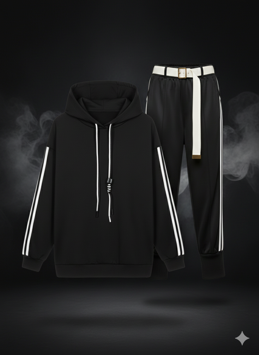 Sportlicher Damen Zweiteiler Baumwolle – Hoodie & Hose schwarz 38–42