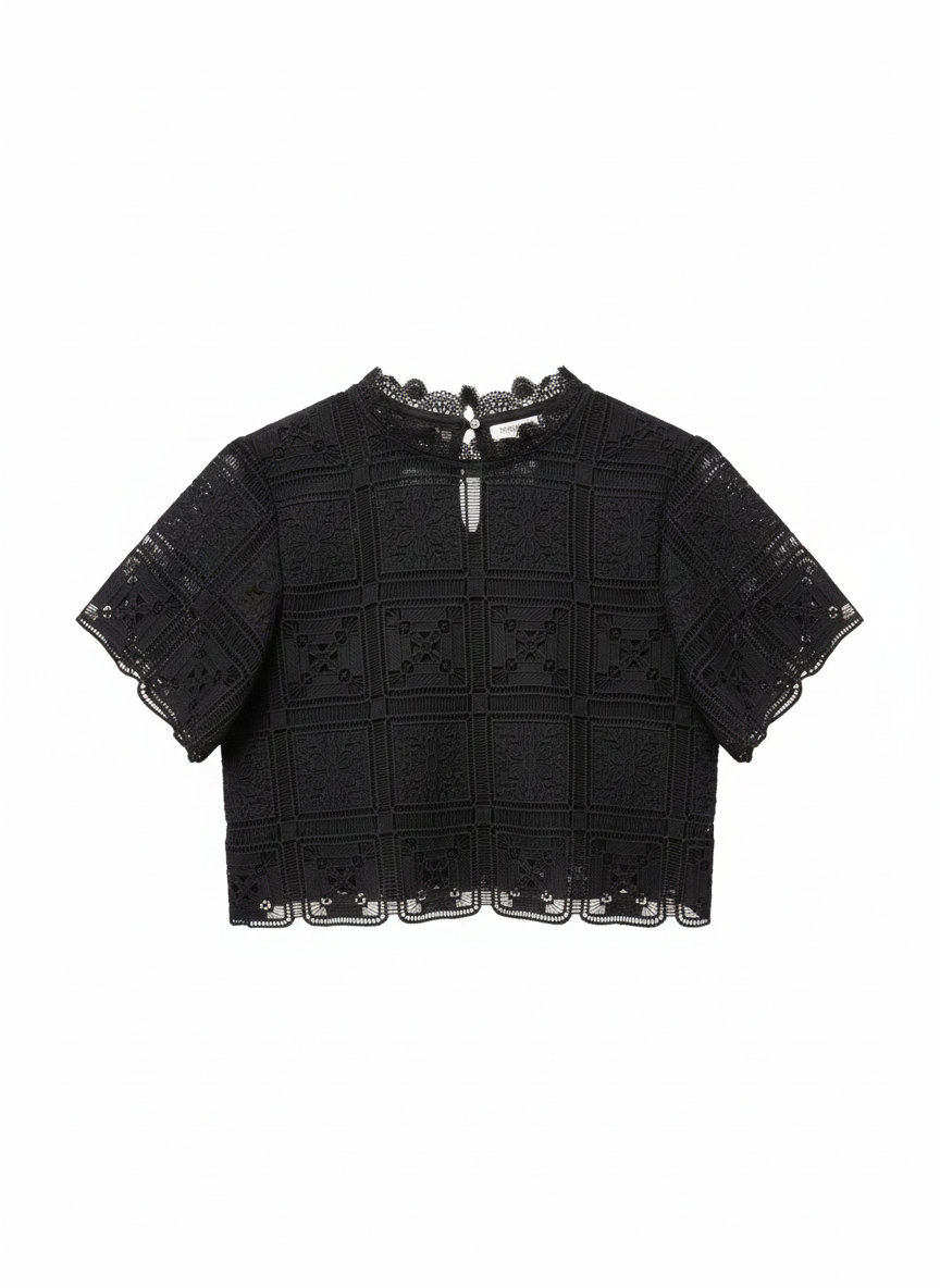 Damesblouse met korte mouwen en kant (maat S/M)