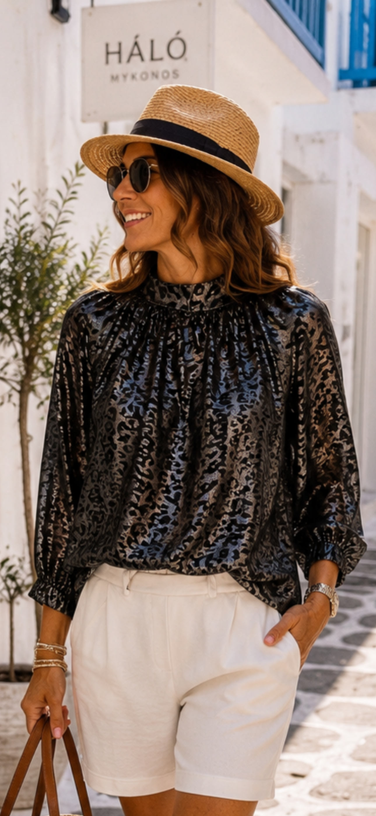 Leo Glamour Blouse Silver-Black – elegant viscose blouse with stand-up collar | 38–42