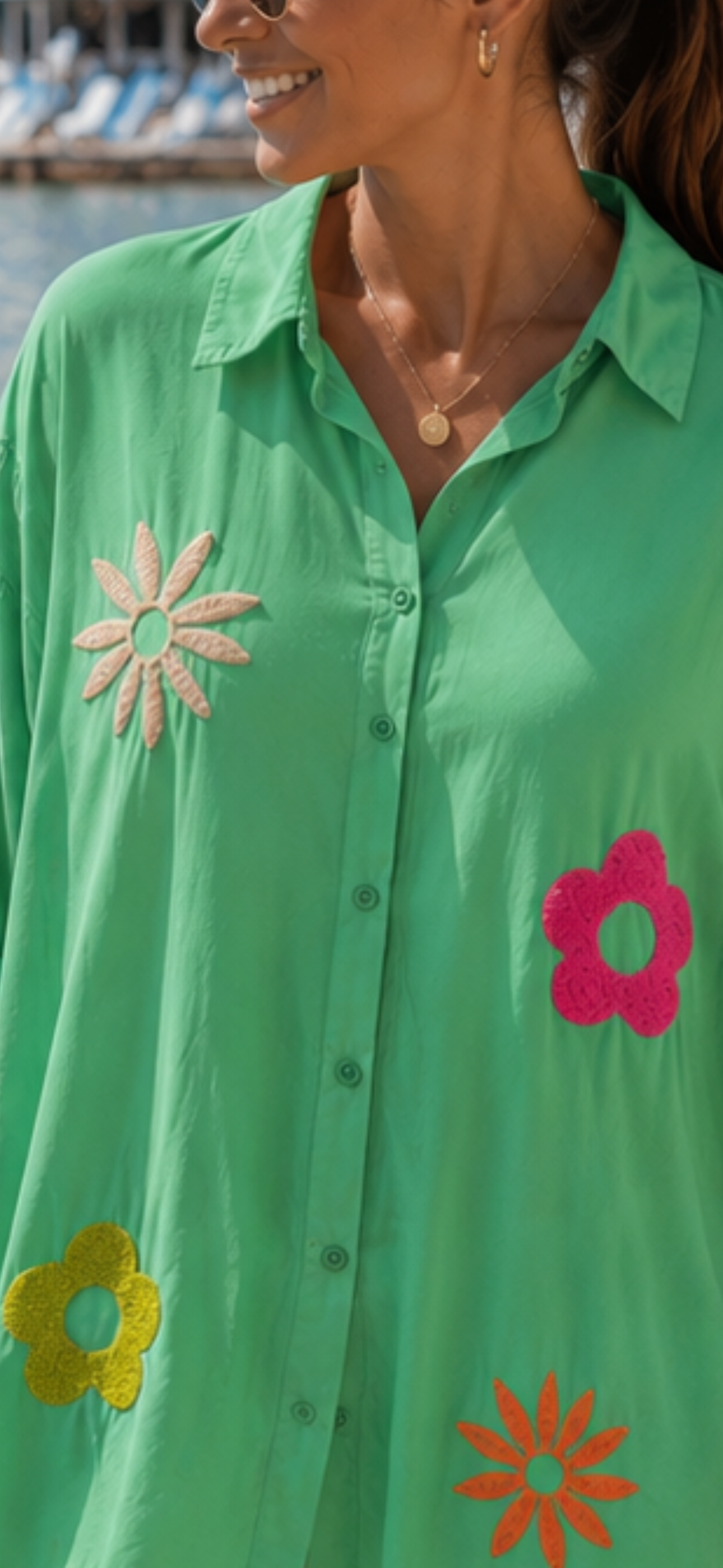 Curvy Viscose Blouse Green with Floral Embroidery – Oversize Long Blouse Women 38–48 | Last piece