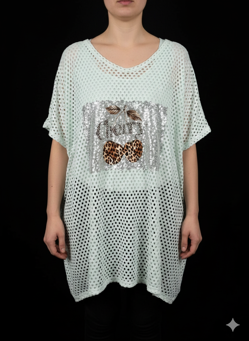 Dames T-shirt met korte mouwen en mesh-stof voor vrouwen met rondingen, mintgroen met luipaard- en kersenmotief, maten 40-46