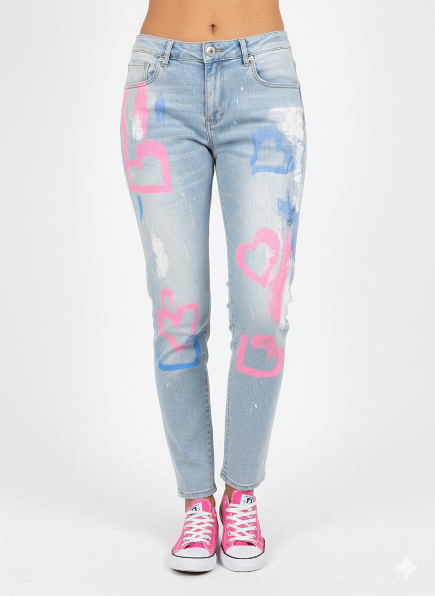 Heart Jeans Pink-Blue | Women's Boyfriend Jeans with Print | Boutique in Heaven