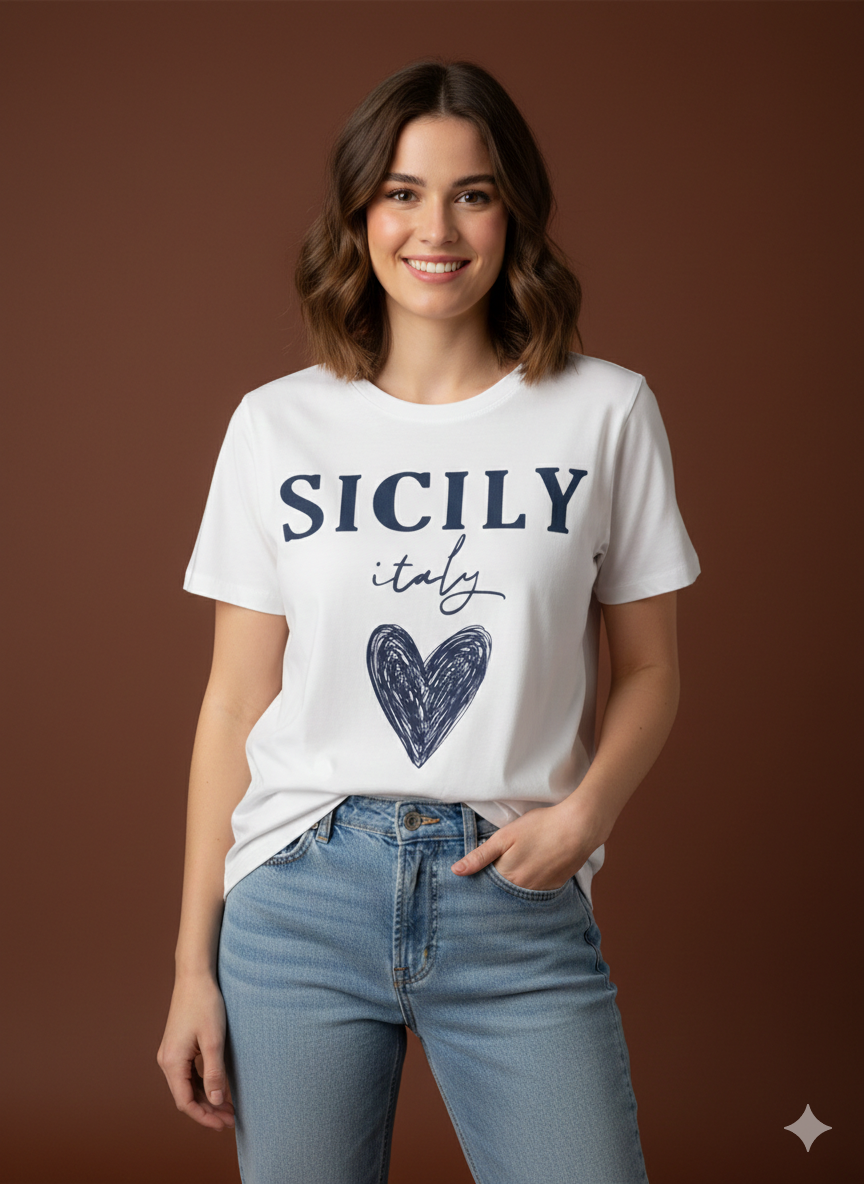 Damen T-Shirt Baumwollshirt in weiss mit blauer Aufschrift