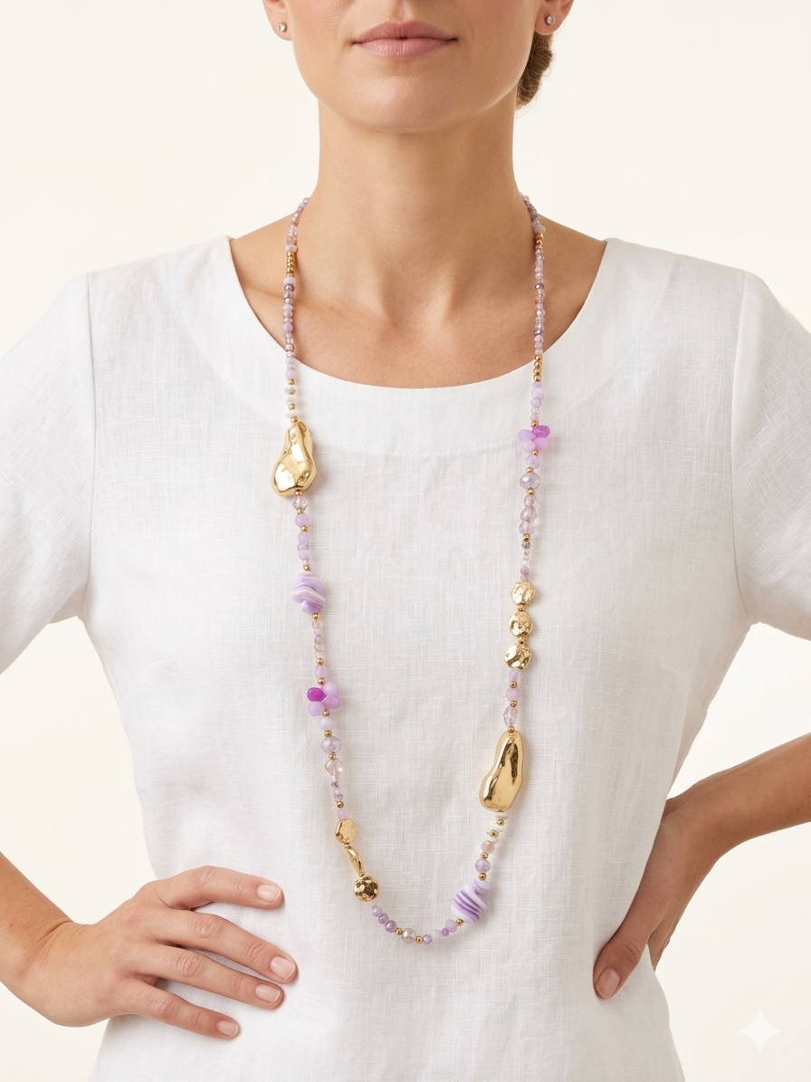 Statement Perlenkette Gold-Lila – Elegante Damen Halskette mit Design-Elementen | Boutique in Heaven