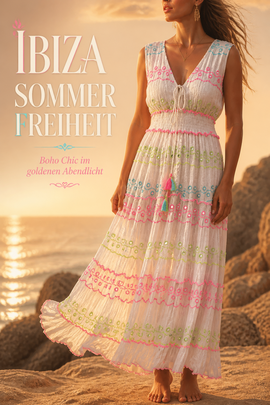 🌴 Ibiza Neon Dreams Maxi-Kleid – Boho Glamour mit Pailletten Neon Blau & Unterkleid(Gr. 38–42)