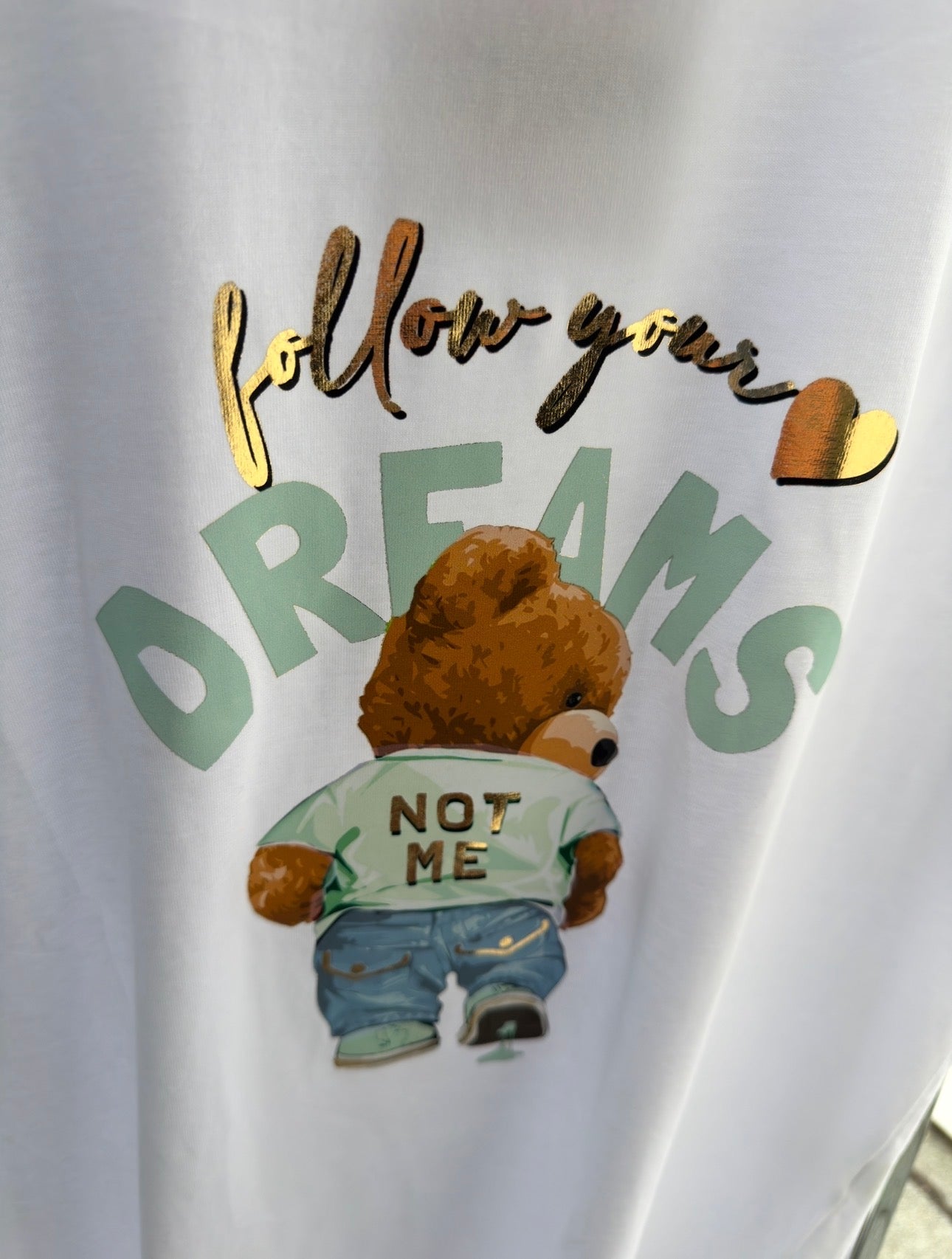 ✨ Teddy Glam Shirt Mint – Baumwollshirt mit Goldprint & Teddy-Motiv | 38–42