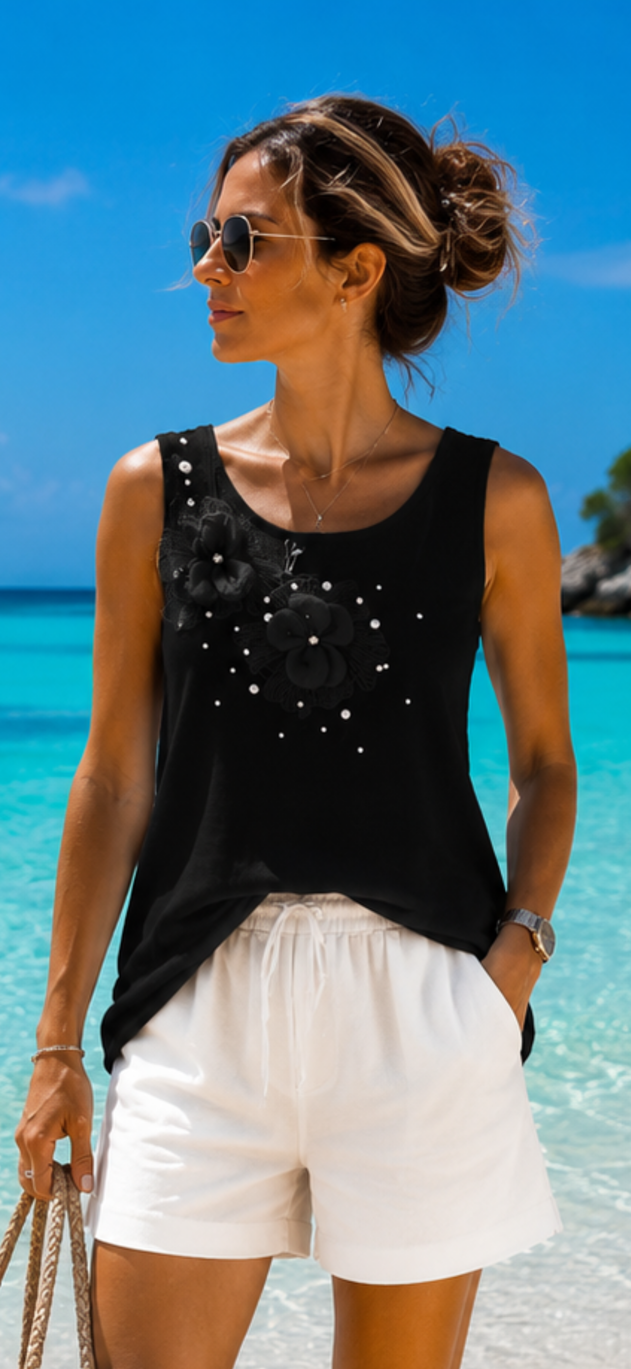 Blumen-Top Rosa mit Perlenbesatz – Romantisches Sommertop mit 3D-Blüten 34-38