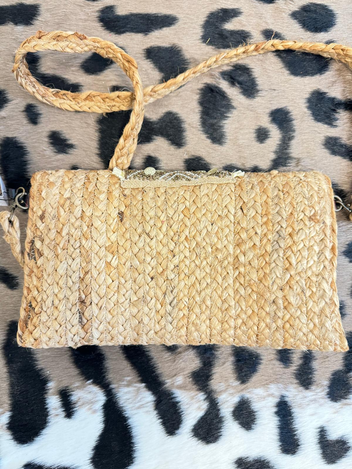 Handtasche Gold Silber Naturprodukt Stroh Umhängetasche