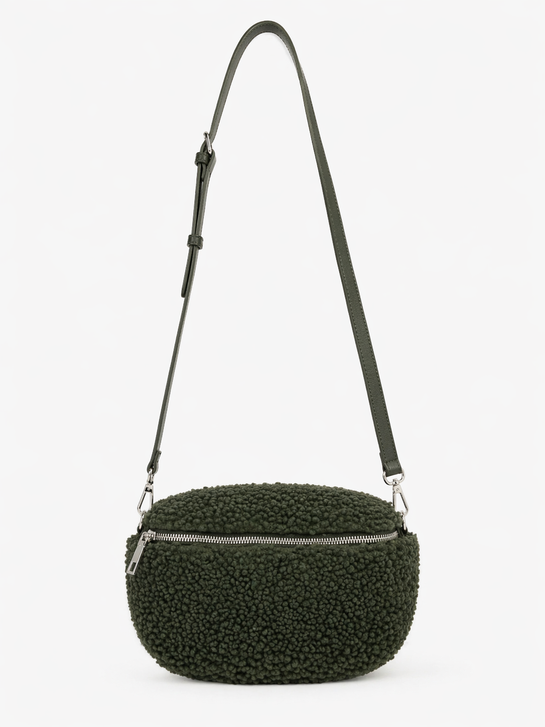 Damen Teddyfell Tasche Grün – Crossbody Bag mit Reißverschluss & Echtleder-Riemen