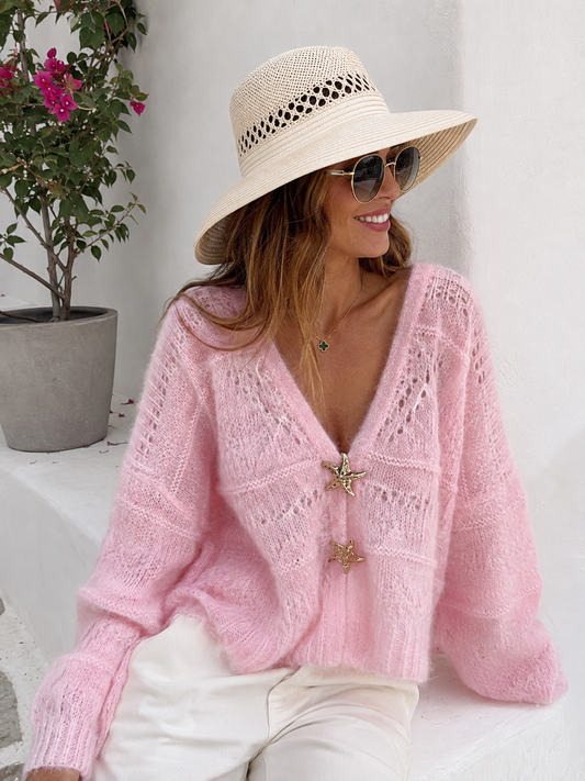 Kuschelige Grobstrickjacke Rosa mit Stern-Detail | Damen Cardigan 38-42