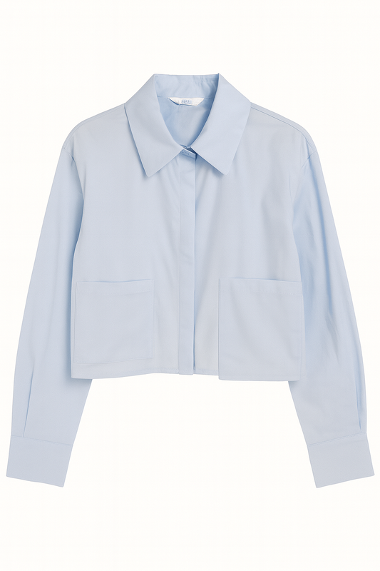 Moderne Baumwoll-Bluse mit Taschen-Detail – Kurz geschnitten in Beige, Blau & Schwarz