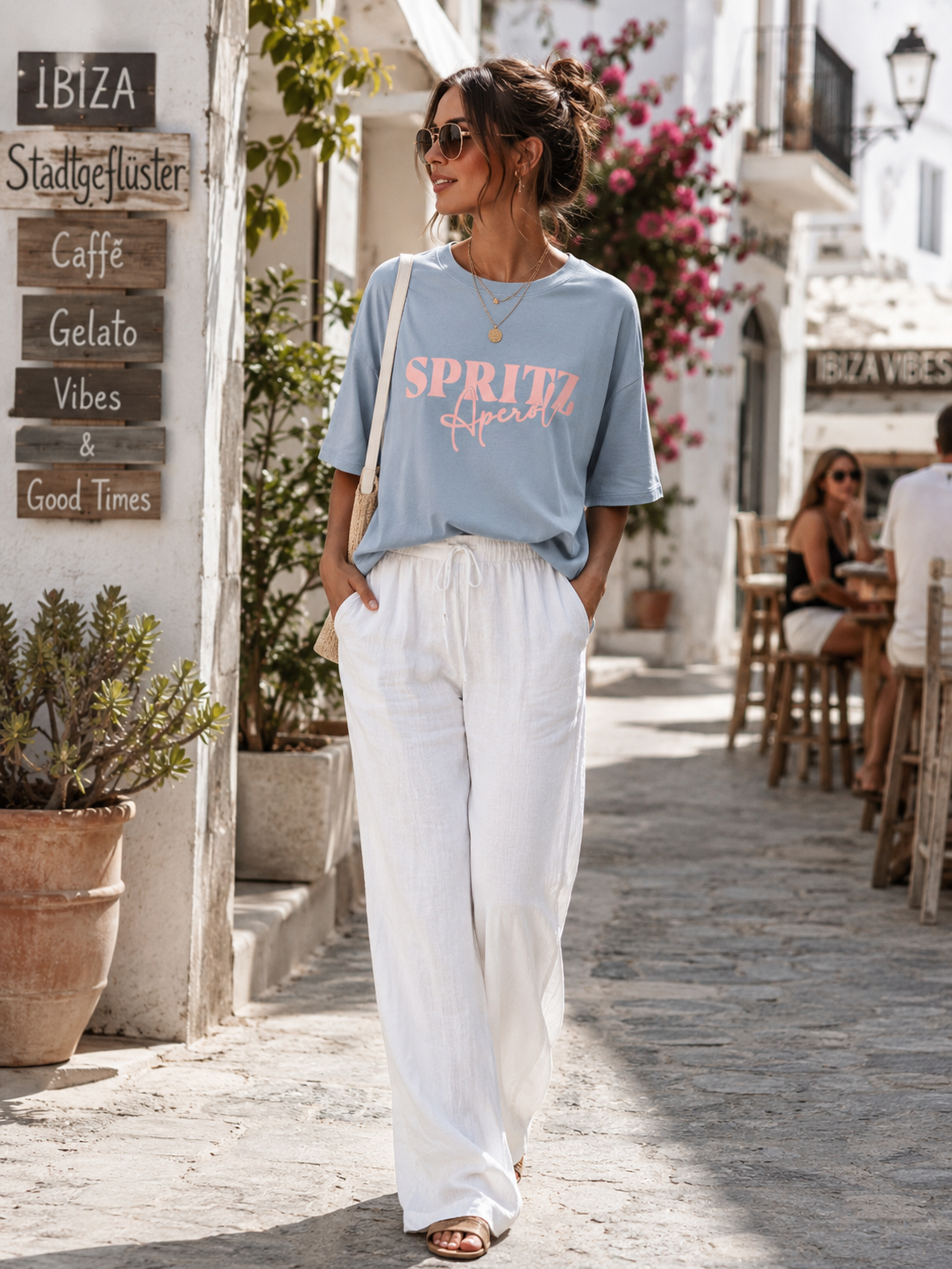 Damen T-Shirt Hellblau Spritz Aperol Print | Oversize 38–42 | Sommer Shirt mit Cocktail Rezept Rückenprint