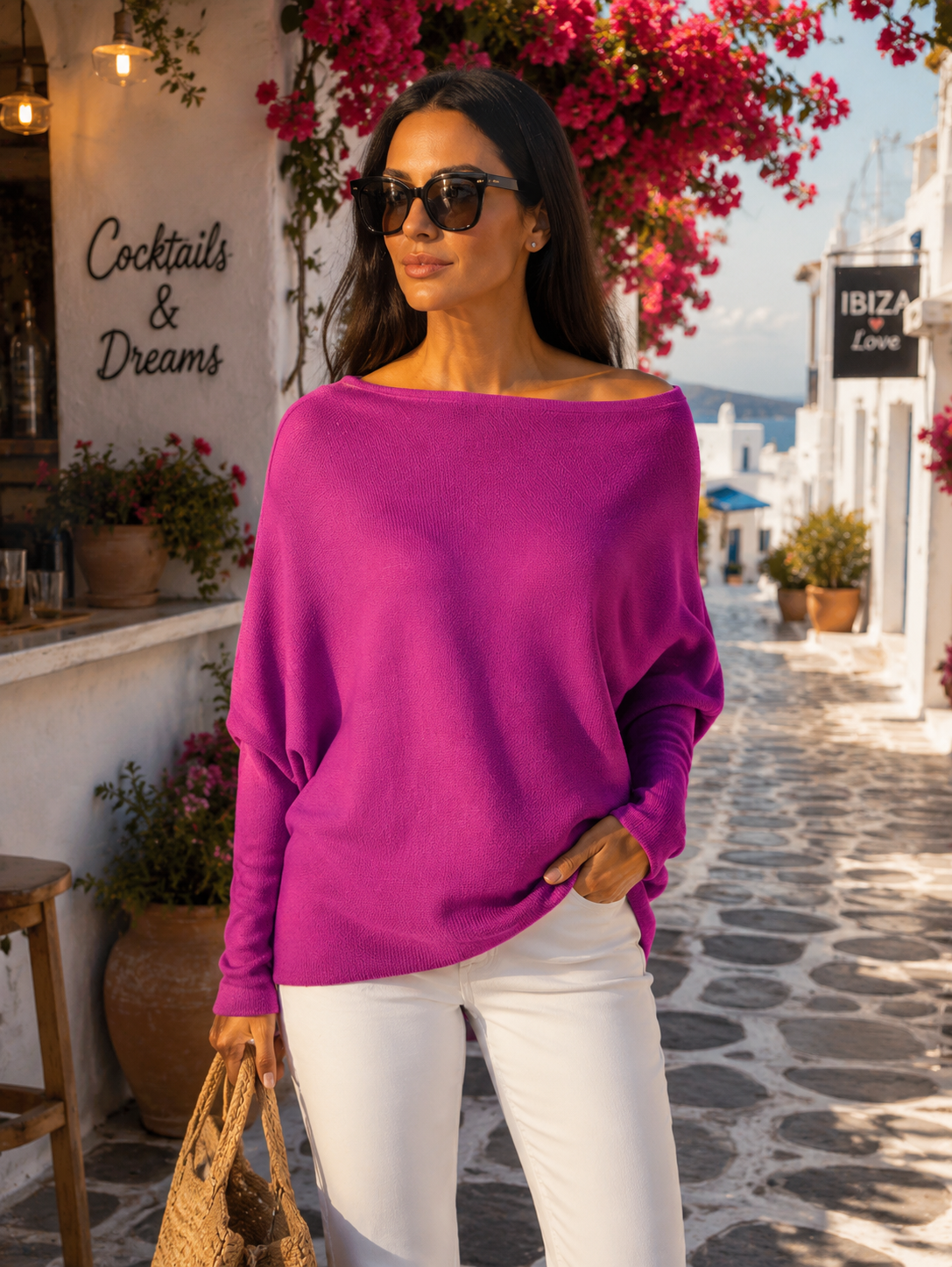 Asymmetrischer Feinstrickpullover mit Wasserfall-Ausschnitt – Lila & Rosé 34-38