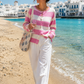 Damen Cardigan Rosa Weiß Gestreift | Edle Strickjacke mit Schmuckknöpfen 38-42