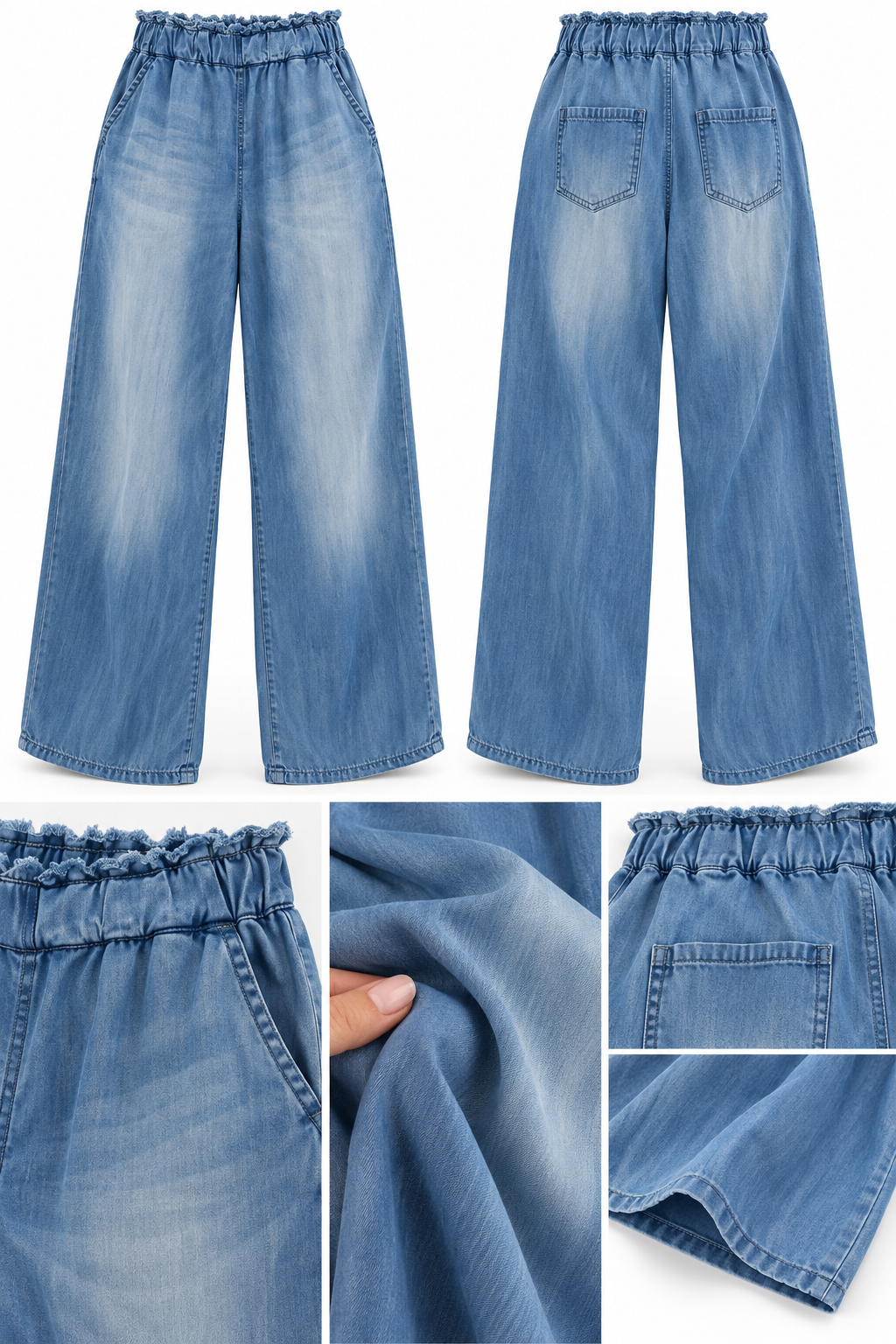 Damen Lyocell Hose Mittelblau – Weite Jeansoptik Sommerhose mit Gummibund – Gr. 38–42+