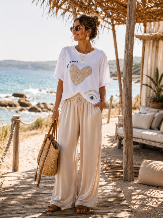 Yippie Hippie Damen T-Shirt Weiß – Frottee Shirt mit Herz, locker geschnitten