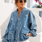 Trend Jeansjacke mit Cut-Outs & Reißverschluss – Oversize Denim Jacke Damen 38-42