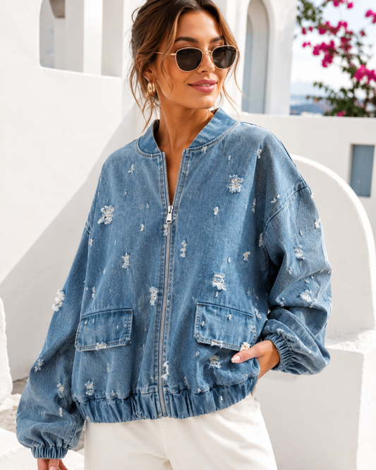 Trend Jeansjacke mit Cut-Outs & Reißverschluss – Oversize Denim Jacke Damen 38-42