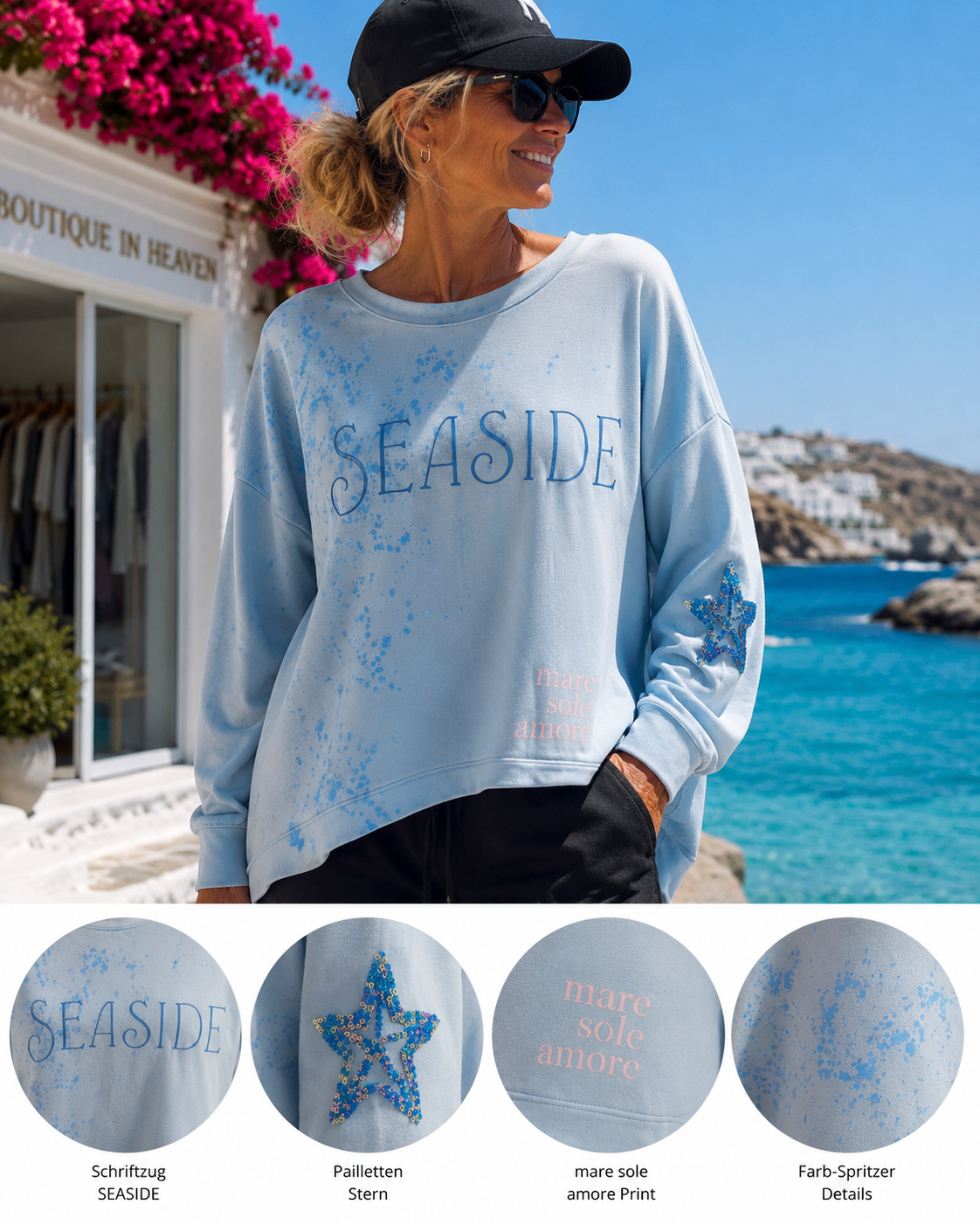 Yippie Hippie Damen Sweatshirt „Seaside“ – Oversize Pullover in Hellblau mit Print & Pailletten