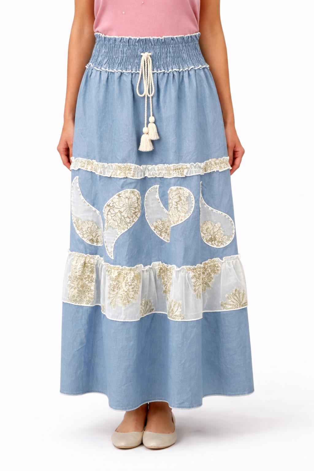 Ibiza Moonlight Maxirock – Baumwolltraum mit Spitze & Gold-Details