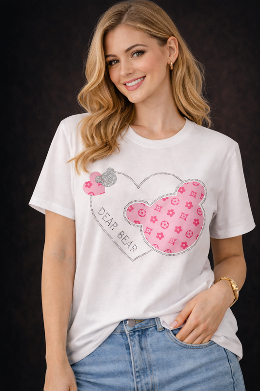 Damen T-Shirt Kurzarm Baumwollshirt in Weiss mit Motiv Bär (38-42)